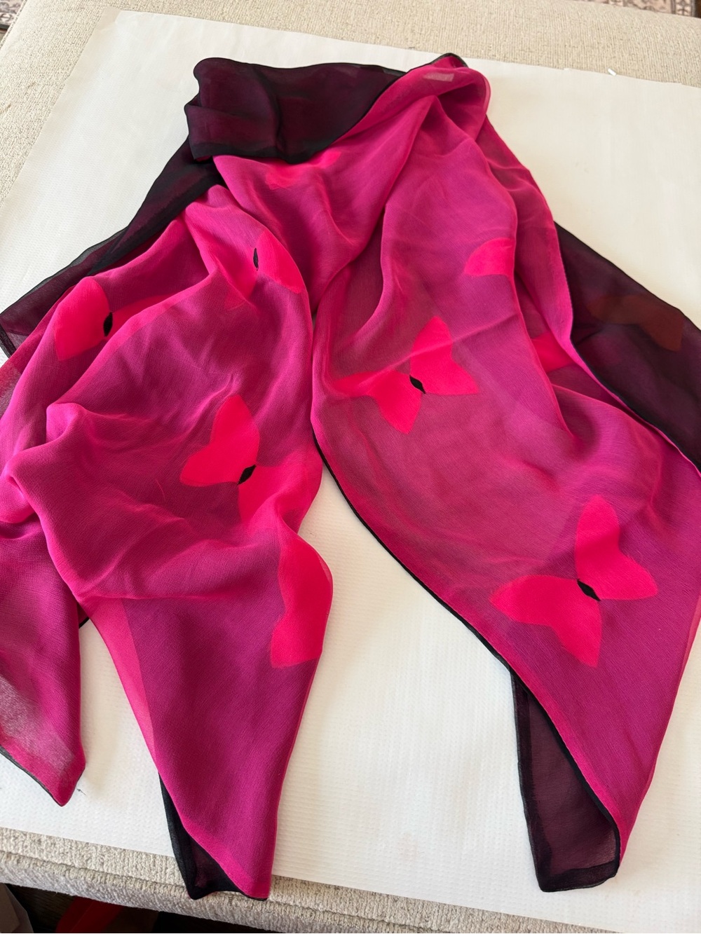 Women’s Pink Semi Sheer Butterfly 🦋 💯 Silk Scarf Shawl Wrap Maroon and Pink
